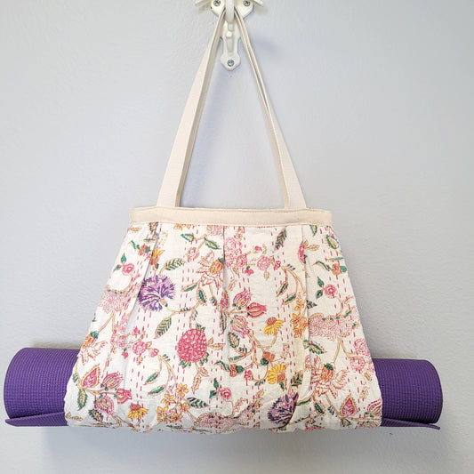 Yoga Mat Holder | White with Small Flowers | Yoga Mat Carrier Bag Purse