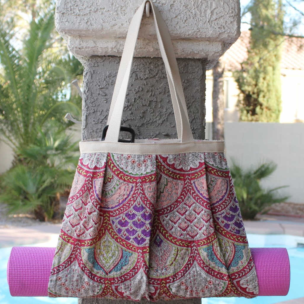 yoga Mat carrier bag with tote bag pink kantha quilt