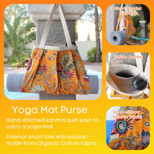 Yoga Mat Bag - Repurposed Sari Fabric - Black with Orange Sunburst - Yoga  Purse