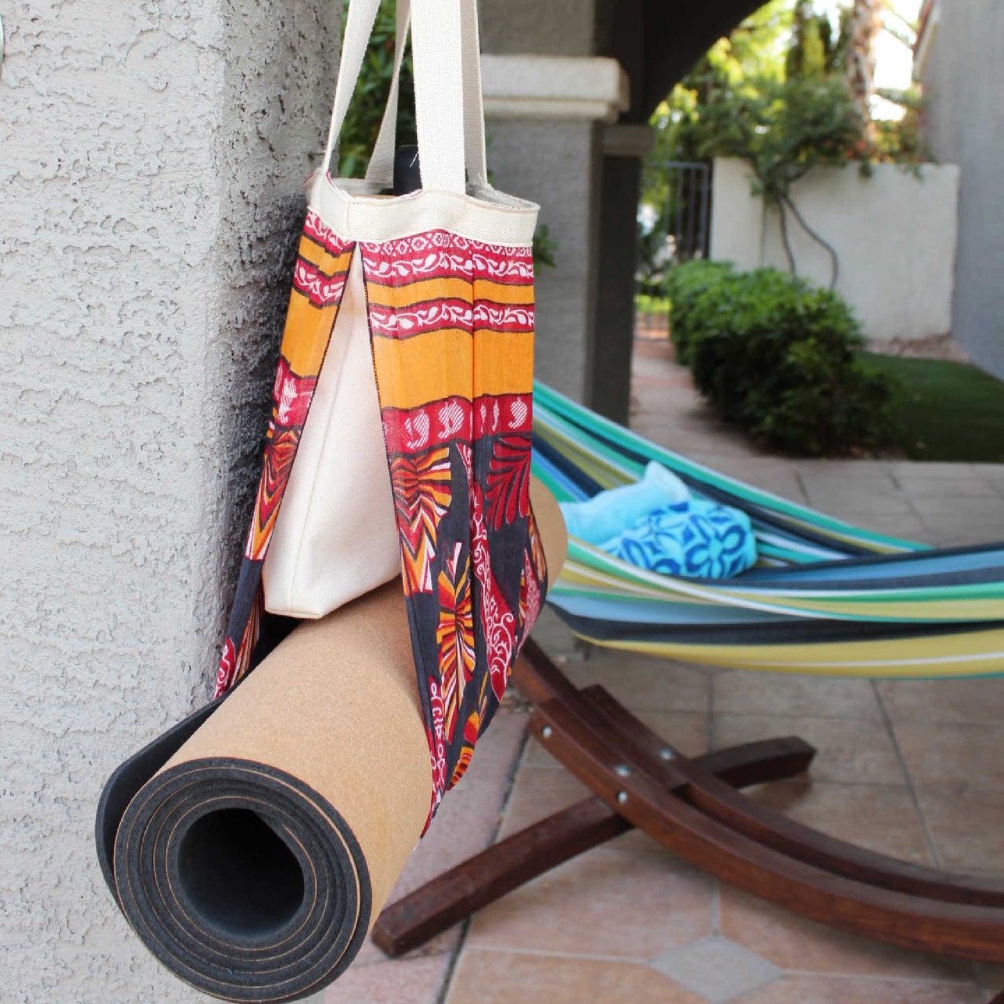 side view of cork mat in a yoga purse carrier bag