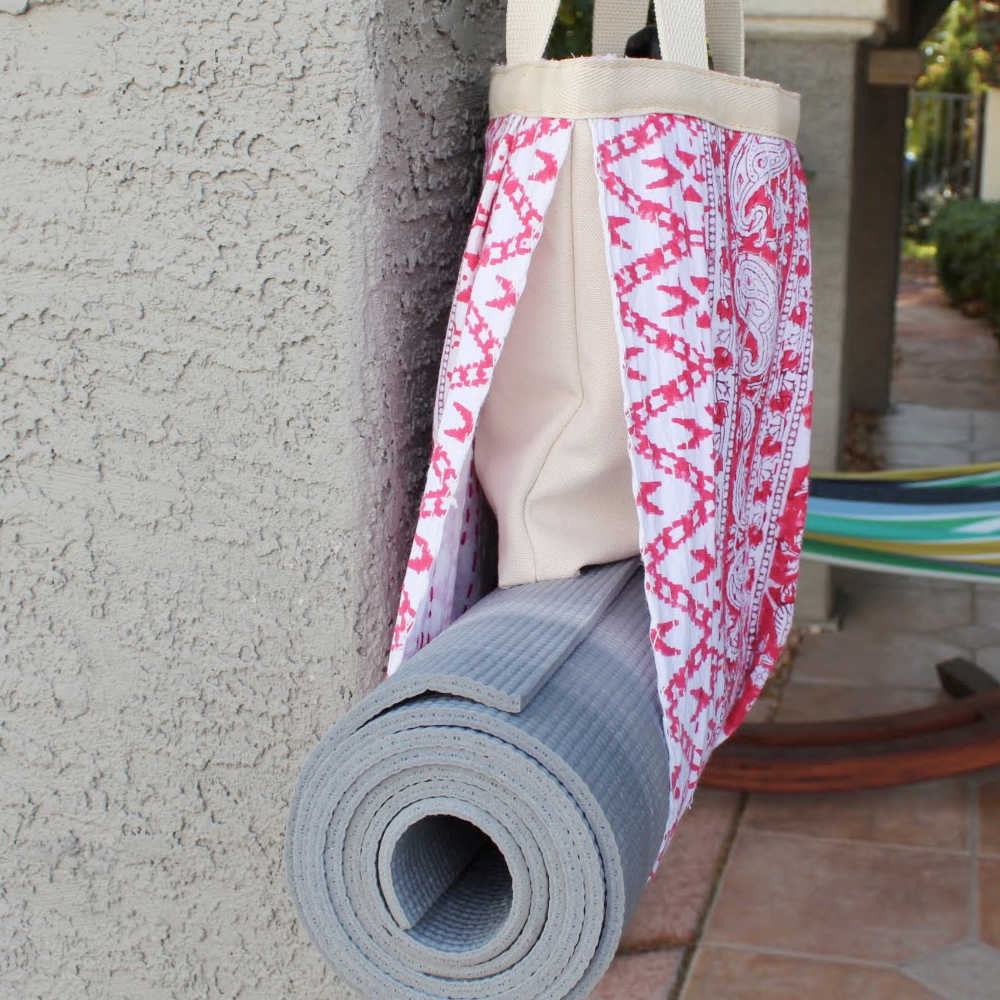 Yoga Mat Holder - Kantha Quilt Design - Cerise Pink Geometric
