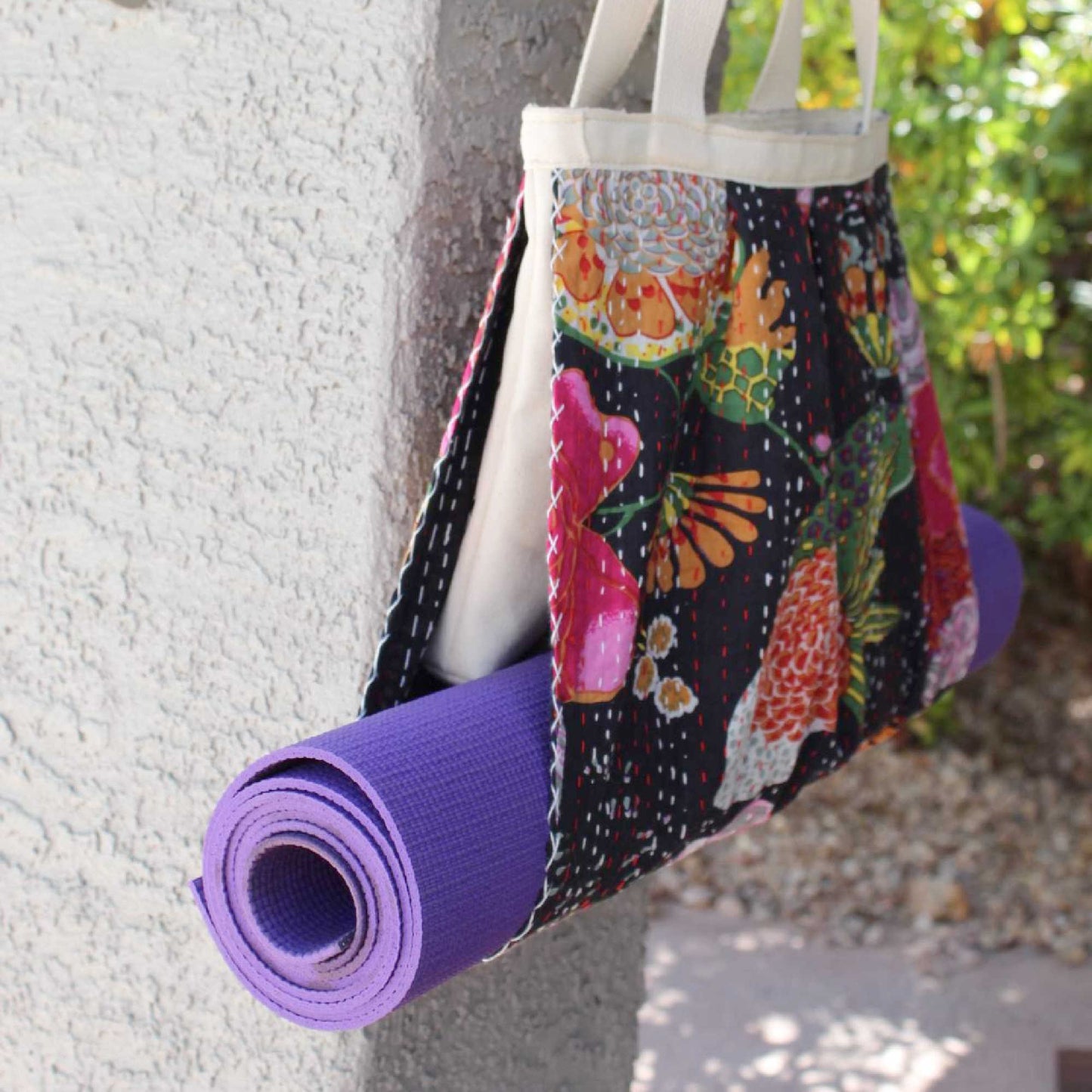 Yoga Mat Carrier made from Black Floral Fabric