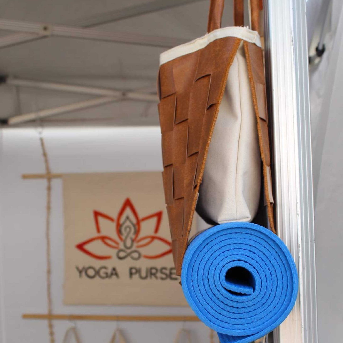 vegan leather yoga Mat carrier bag with tote bag tan side view